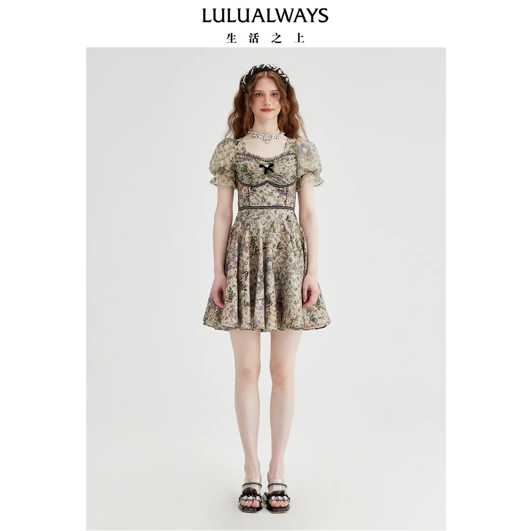 LULUALWAYS25夏季新款法式宫廷收腰雪纺提花连衣裙OQB5007