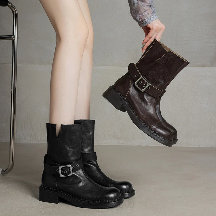 跟高4cm 法式气质百搭粗跟骑士靴秋冬韩版网红简约时尚皮带扣短靴