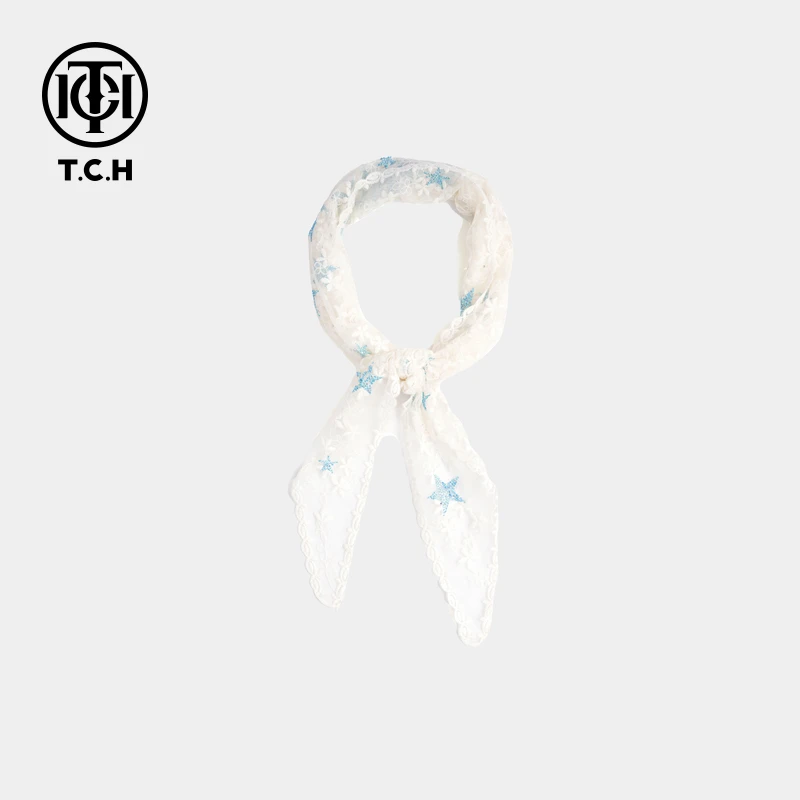 TCH现货私服烫钻工艺百搭印花蕾丝白色围巾女T75A45E5003轻奢tch
