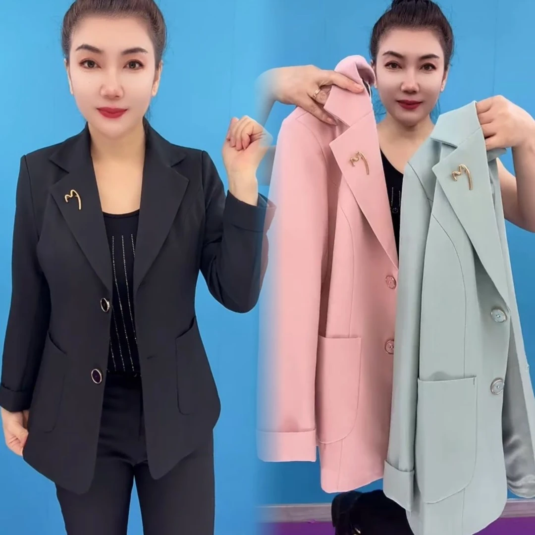 中年女时尚休闲小西装2025年春秋新款气质妈妈大码纯色西服外套女