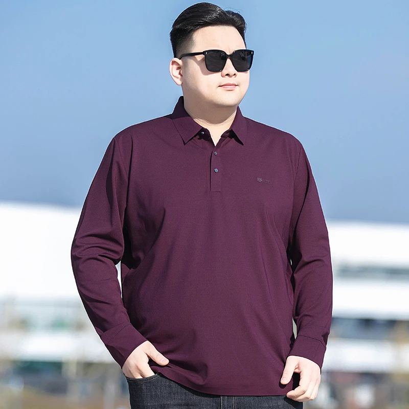 加肥加大男士商务休闲翻领polo衫大码春秋大肚子肥佬宽松长袖T恤