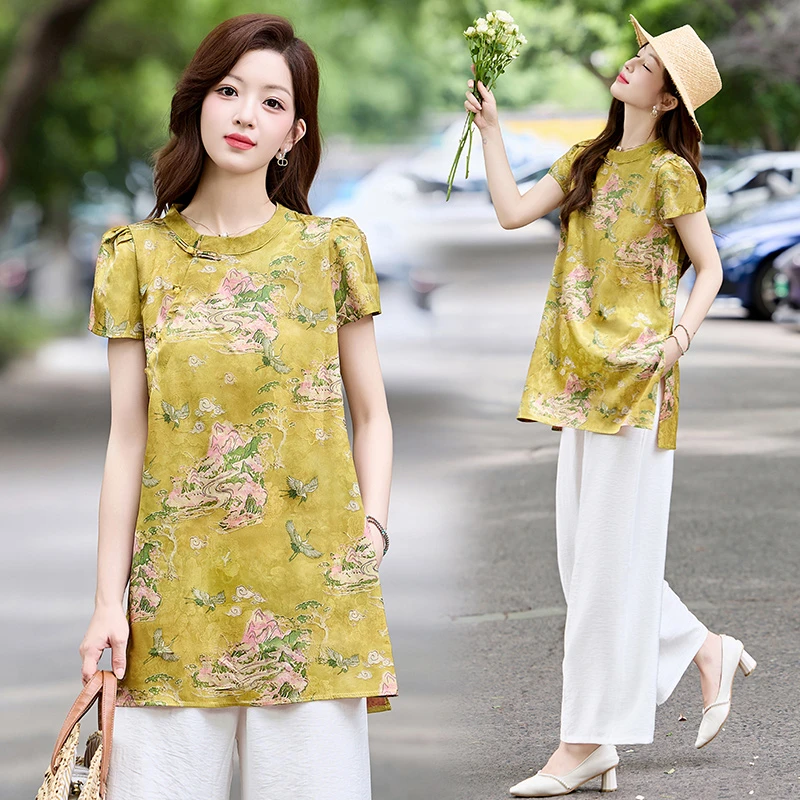 新中式复古印花国风短袖上衣+短裤两件套女2025夏季新款旗袍套装
