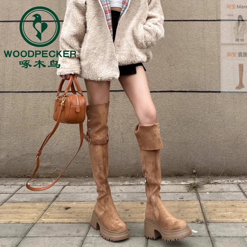 啄木鸟过膝长筒靴靴子厚底美拉德显瘦两穿粗跟高筒骑士靴女秋冬