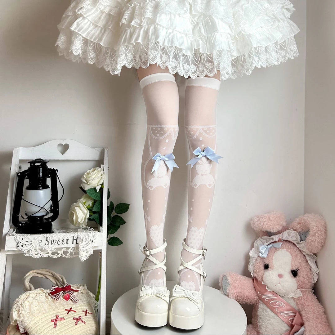 洛丽塔过膝长袜子薄款丝袜长筒袜Lolita甜美小熊燕尾蝴蝶结大腿袜