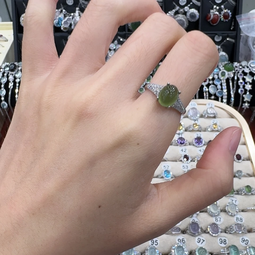 蛇纹石玉银S925镶嵌戒指戒指