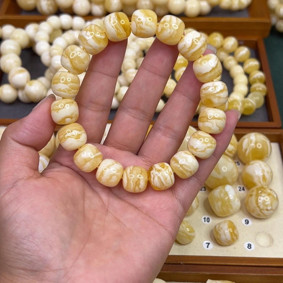 手链琥珀未镶嵌13.3同料金白虎皮纹老型手串