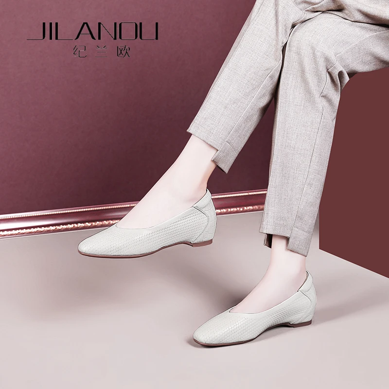 2024春秋新款浅口鞋子女软底真皮单鞋内增高舒适皮鞋坡跟真皮女鞋