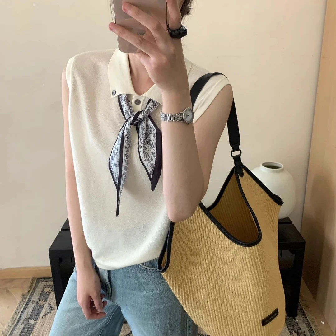 2025夏季新款无袖T恤打底衫小众宽松马甲百搭气质灰色针织背心女