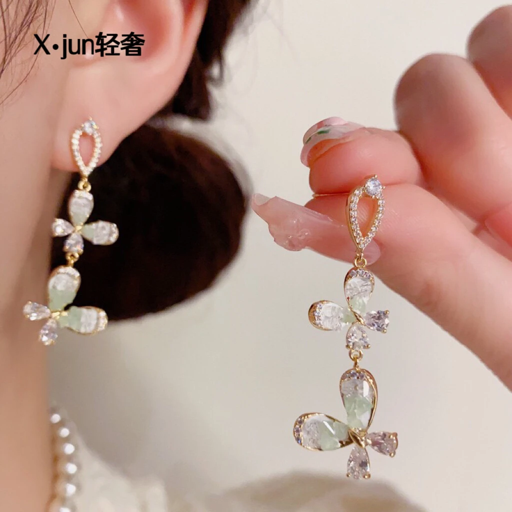 铜合金耳饰 春夏新款时尚甜美百搭绿色蝴蝶流苏耳坠轻奢高级耳环