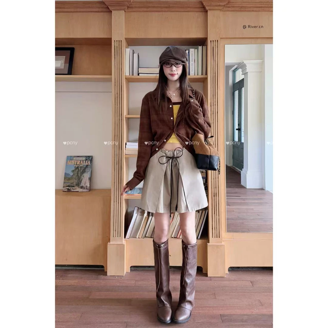 PCNY「海港信号」不理理冬季新款小众女装时尚复古做旧咖色格纹衬衫