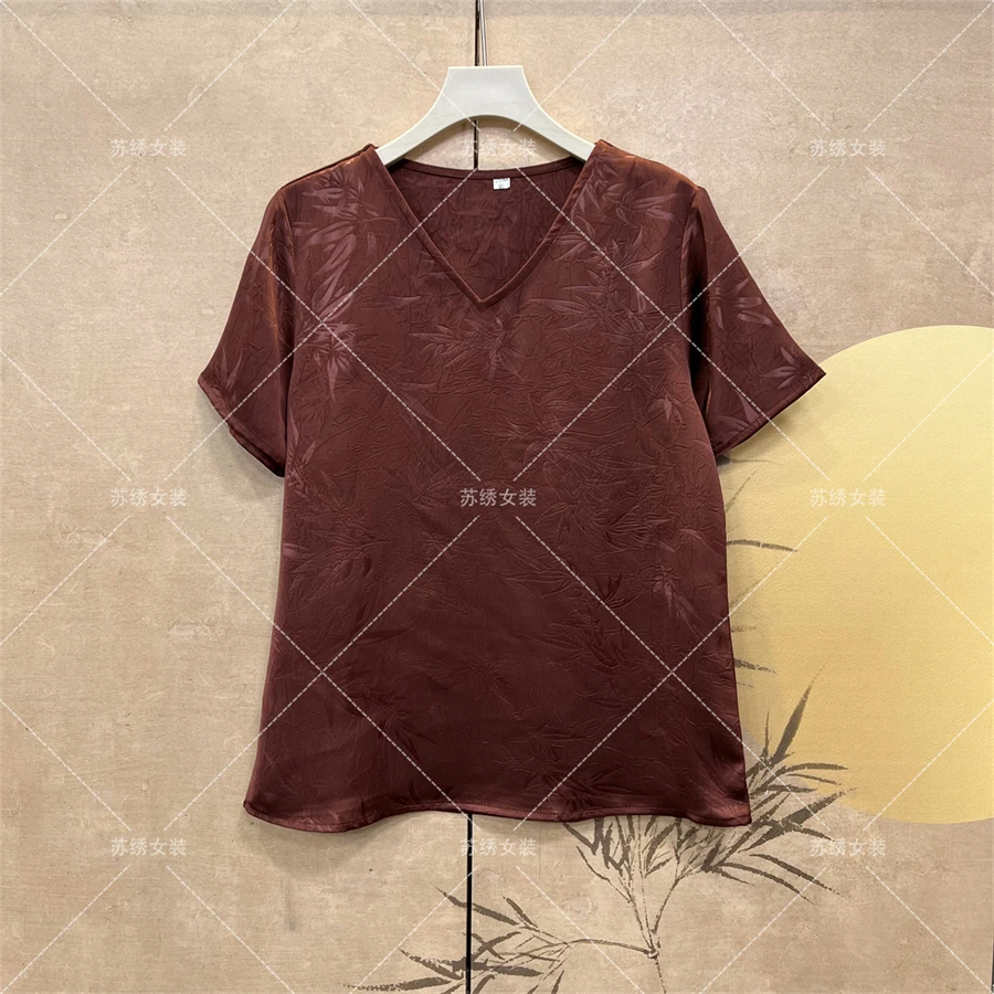 【金竹短袖】新中式V领时尚复古国风减龄气质宽松半袖上衣垂感T恤2