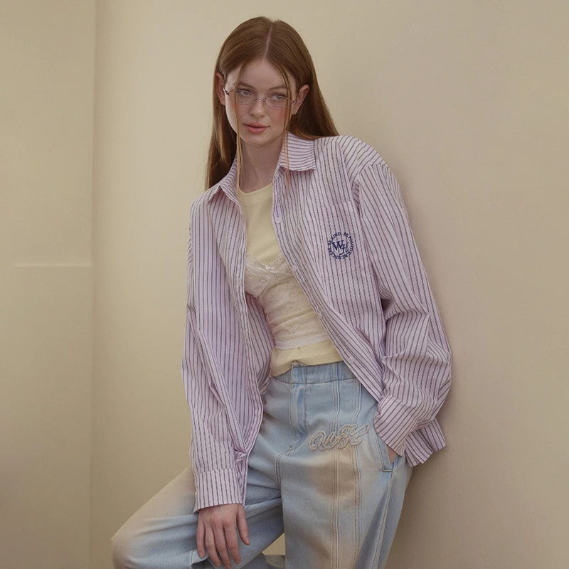 wooha 吾哈2025春季新款韩式少女感百搭竖条纹衬衫女