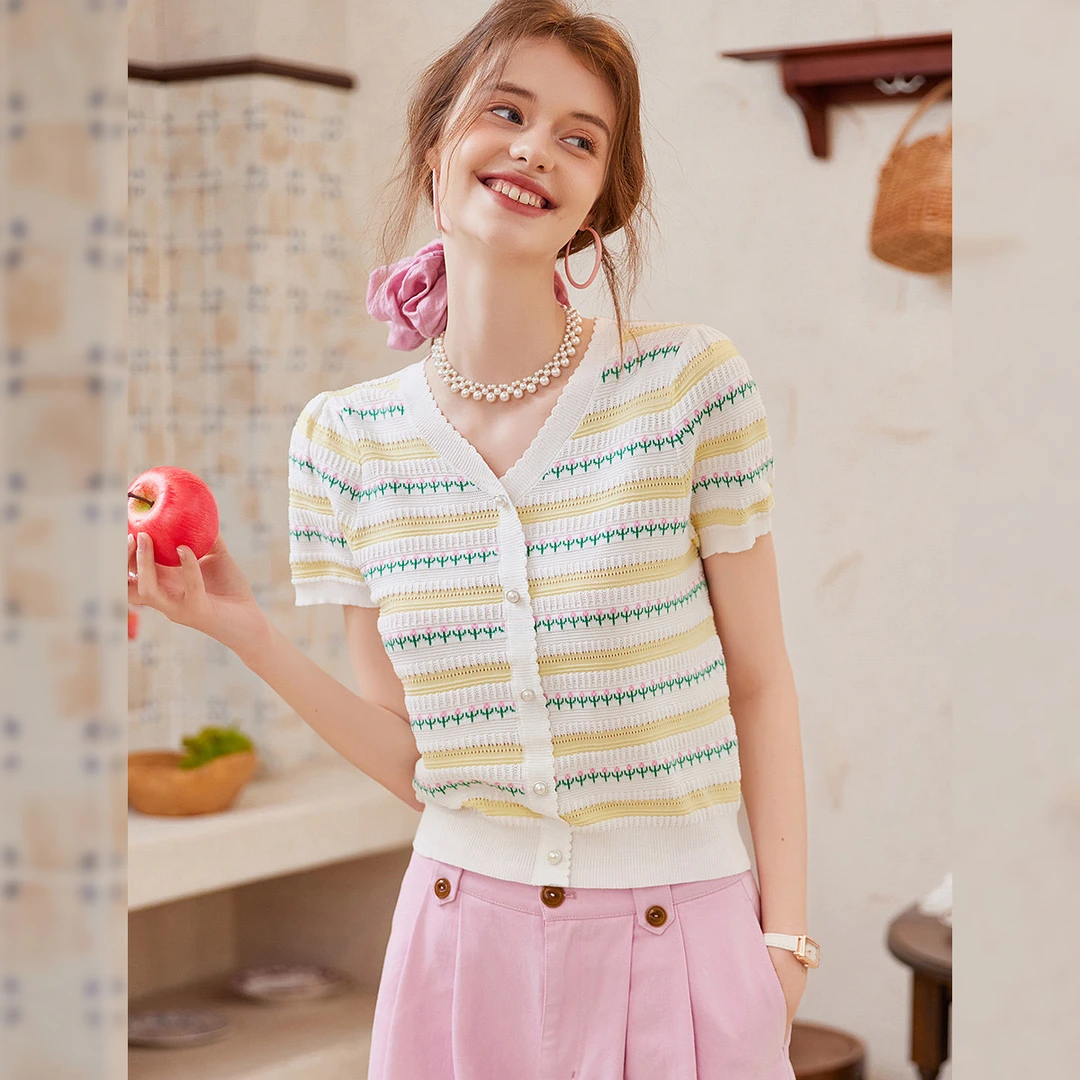 【商场同款新品】白鹿语夏季时尚v领短袖女式针织衫YU20184