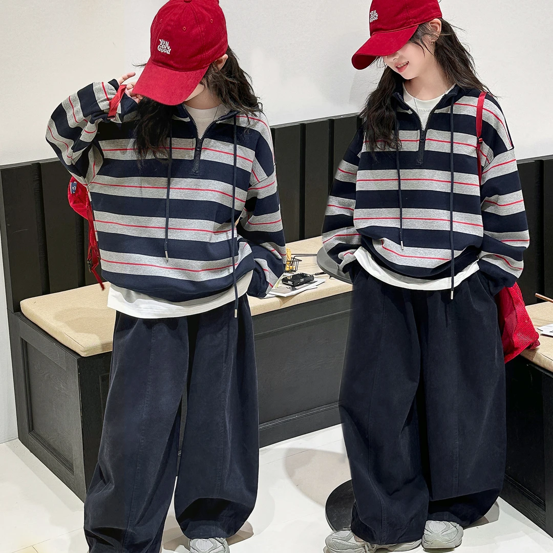 女童条纹卫衣休闲裤套装2025秋季6-15岁中大童时髦洋气韩版两件套
