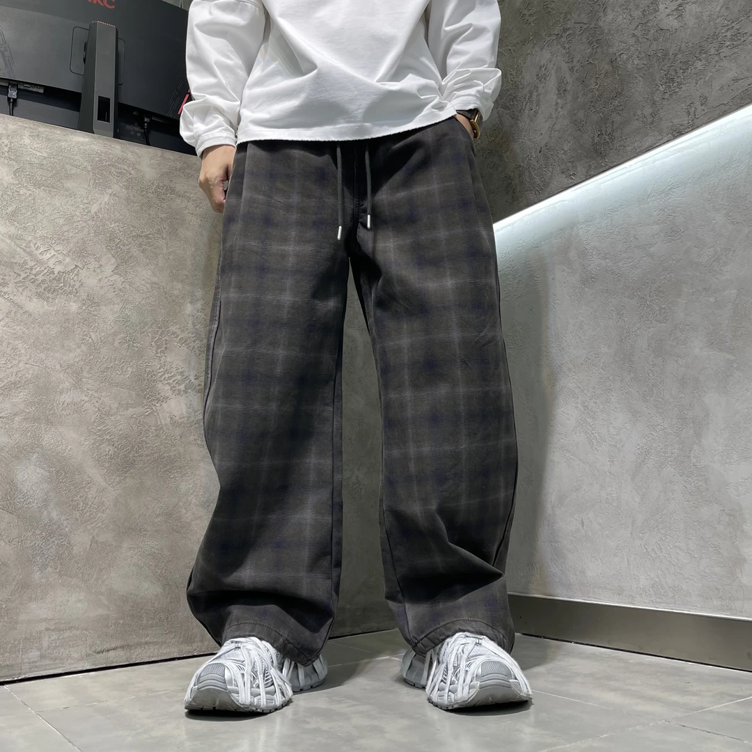 2025慵懒老钱格子休闲裤加绒百搭男士宽松复古潮流韩版直筒长裤