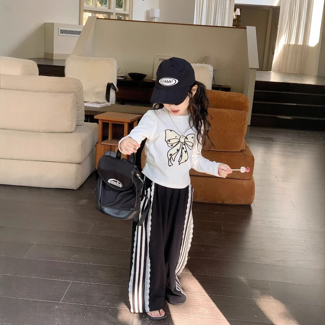 2025春季新款韩版女童休闲宽松蝴蝶结T花边阔腿裤洋气套装
