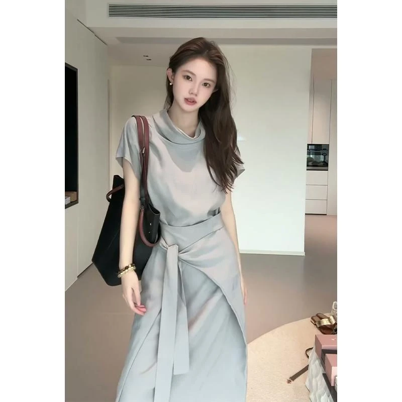 设计感连衣裙2025夏季新款法式高级感荡领修身短袖系带中长款裙子