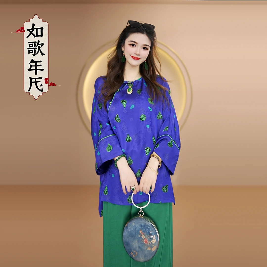 满意-如歌年代夏季新中式盘扣圆领宽松九分袖小衫复古大码上衣女