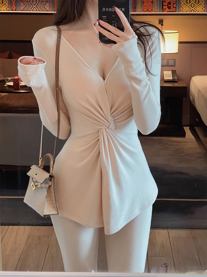 【PH2404724 】 三文鱼 套装扭结v领上衣显瘦喇叭长裤一整套女