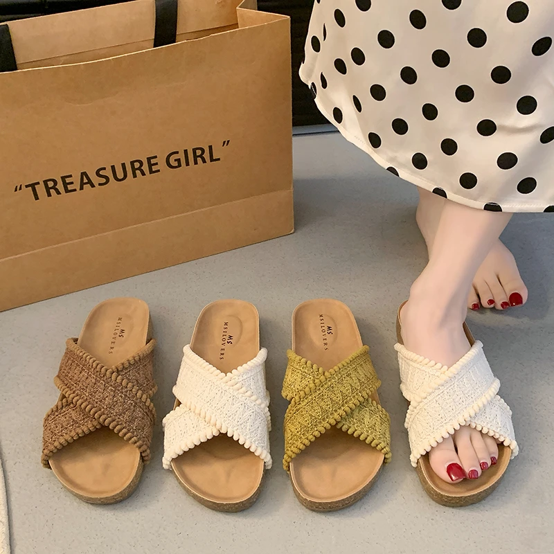 vv家 编织交叉拖鞋 夏季温柔仙女波西米亚度假沙滩坡跟凉拖鞋