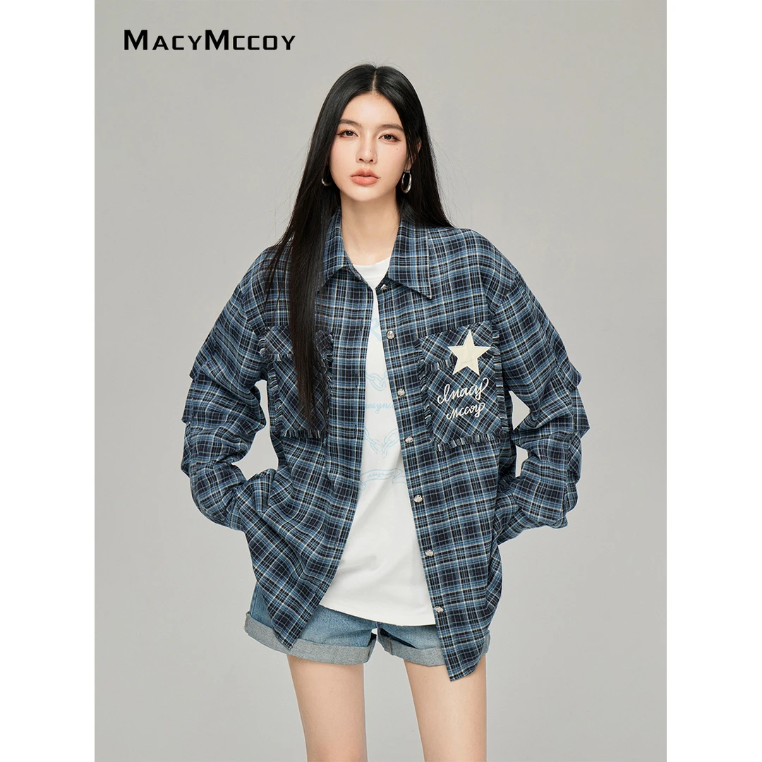MacyMccoy星星毛边格子衬衫女春季新品复古设计感时髦亲肤衬衣