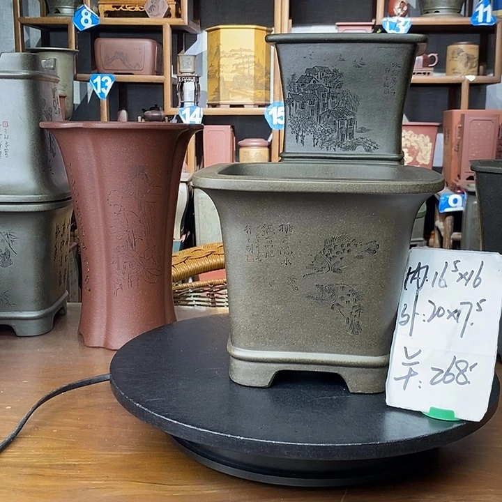 紫砂花盆鲨皮青爆款四方