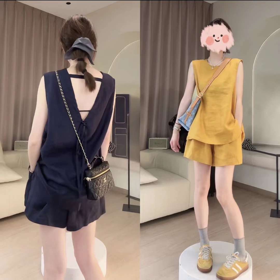 小个子韩版设计感套装女2025夏季款宽松时尚无袖上衣短裤两件套