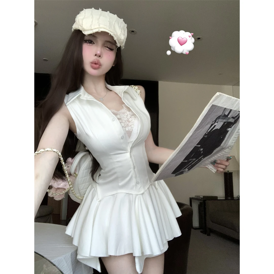 纯欲风百褶高腰包臀挂脖连衣裙女辣妹收腰短裙富贵千金感裙子夏季