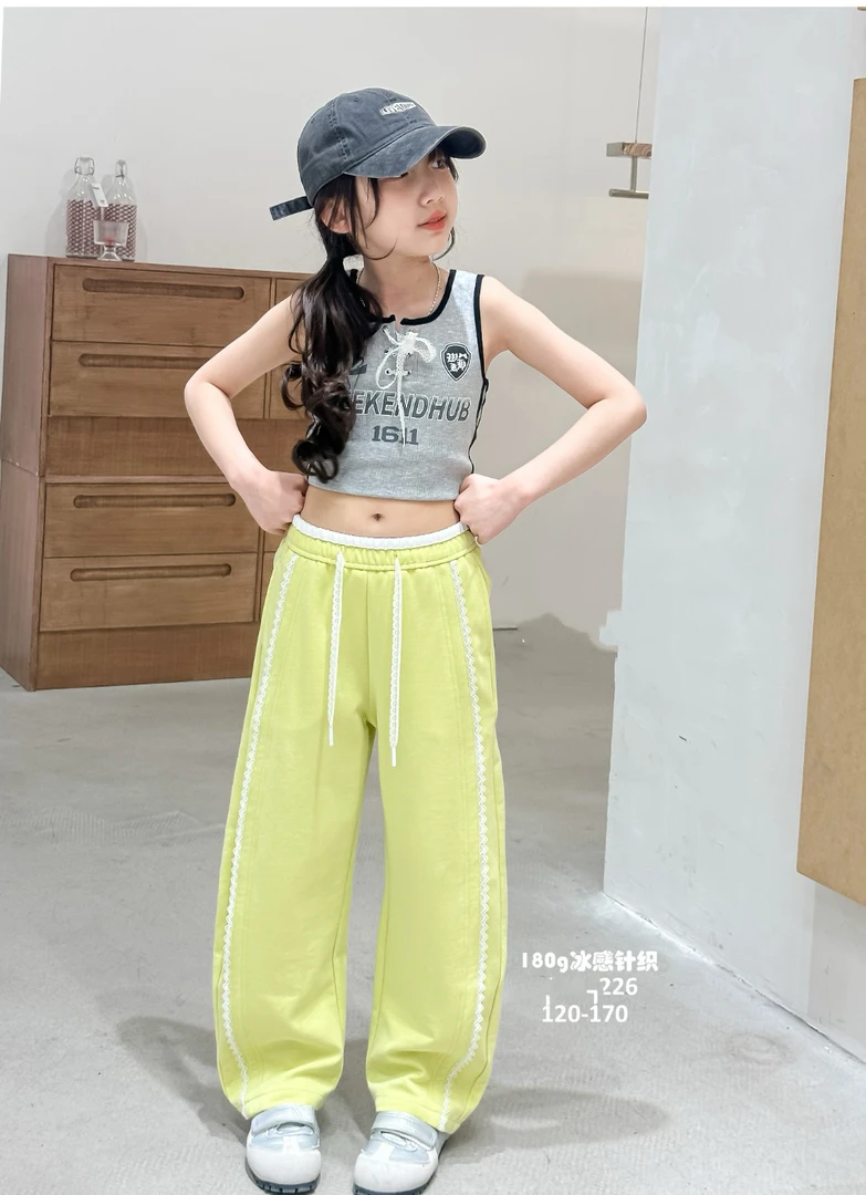 《丁丁优选》3226中大女童夏季洋气宽松蕾丝拼接弯刀裤高腰阔腿裤