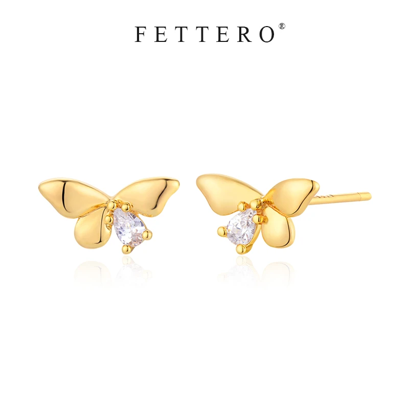 fettero 铜合金耳饰 【金色水滴锆蝴蝶对称耳钉】气质百搭小众镶嵌