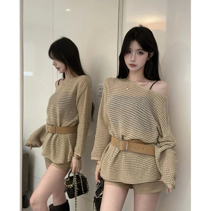 夏季穿搭一整套2025新款韩版宽松慵懒镂空针织罩衫休闲短裤两件套