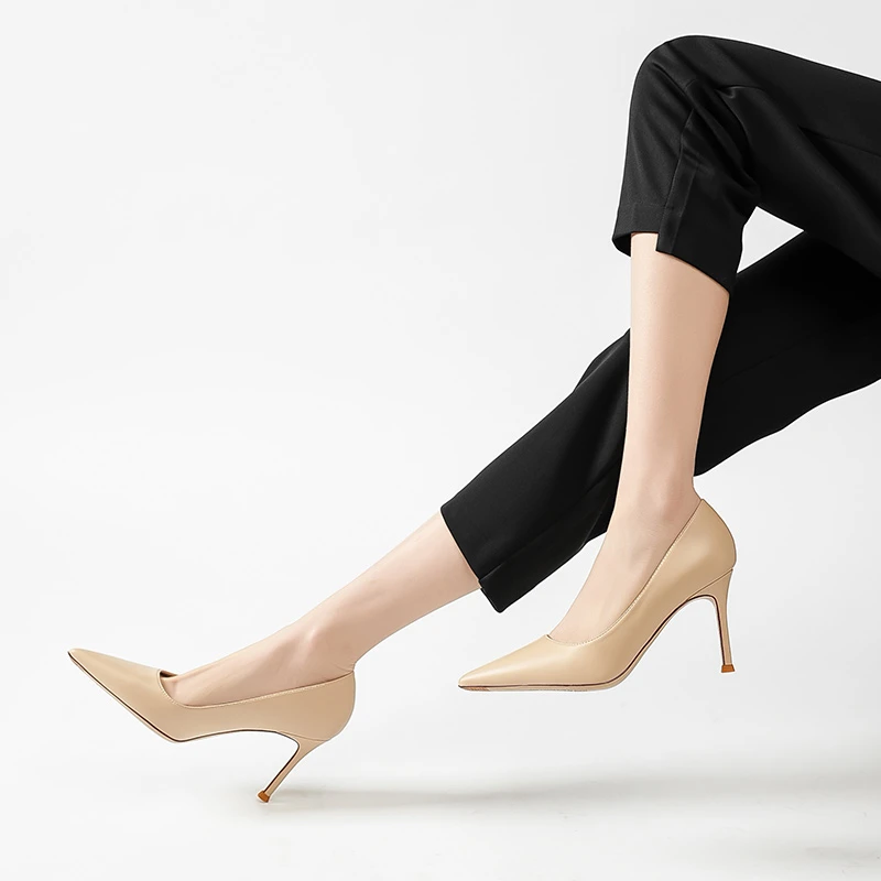 【羊皮版柔云脚感不累脚】裸色尖头气质高跟鞋新款御姐风单鞋细跟