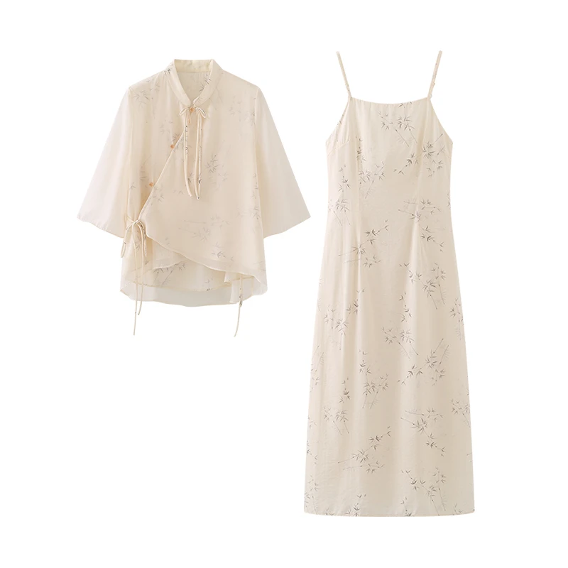 国风两件套！精致礼服气质显瘦吊带连衣裙盘扣小衫新中式套装