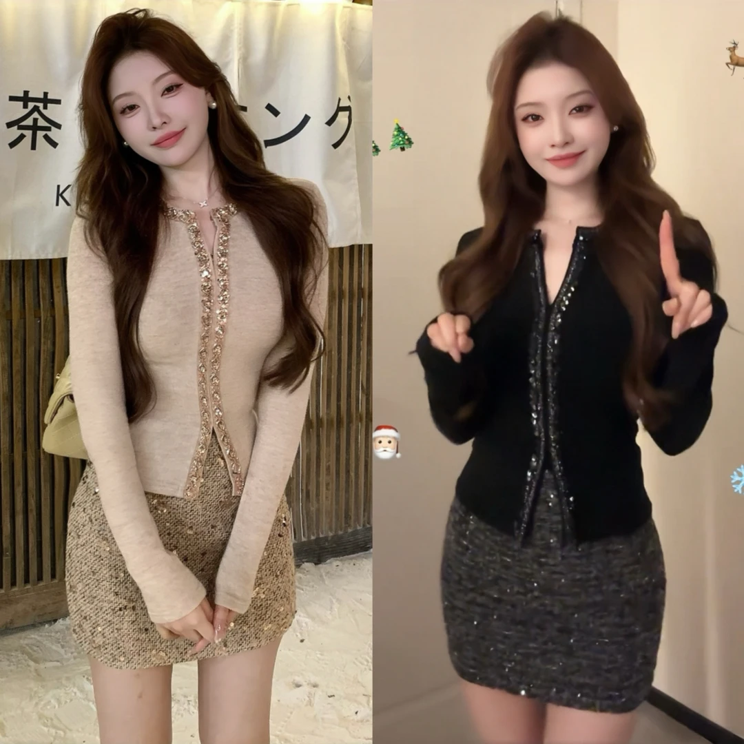 巨好看的秋冬两件套韩系轻熟小香风气质镶钻针织开衫亮片短裙套装