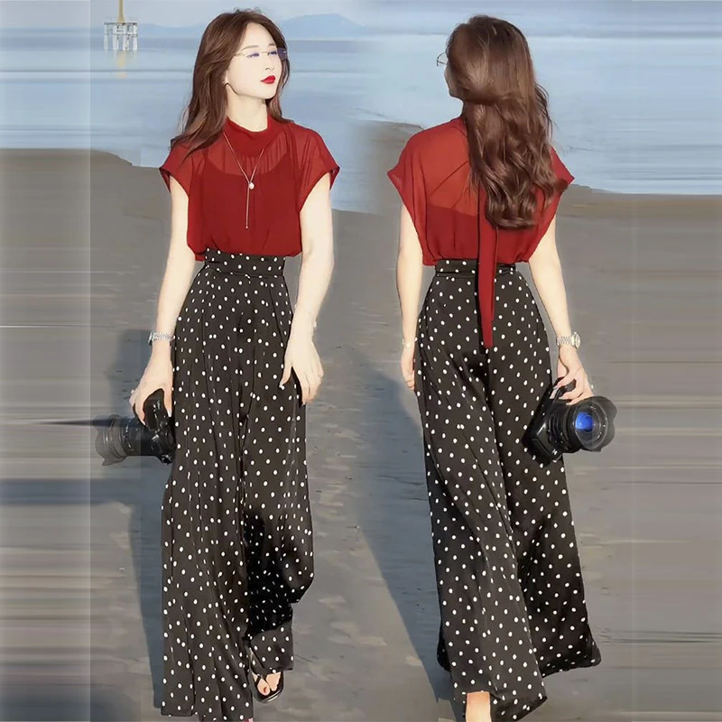 今年流行夏季套装高级感轻奢气质女人味时尚雪纺上衣阔腿裤两件套
