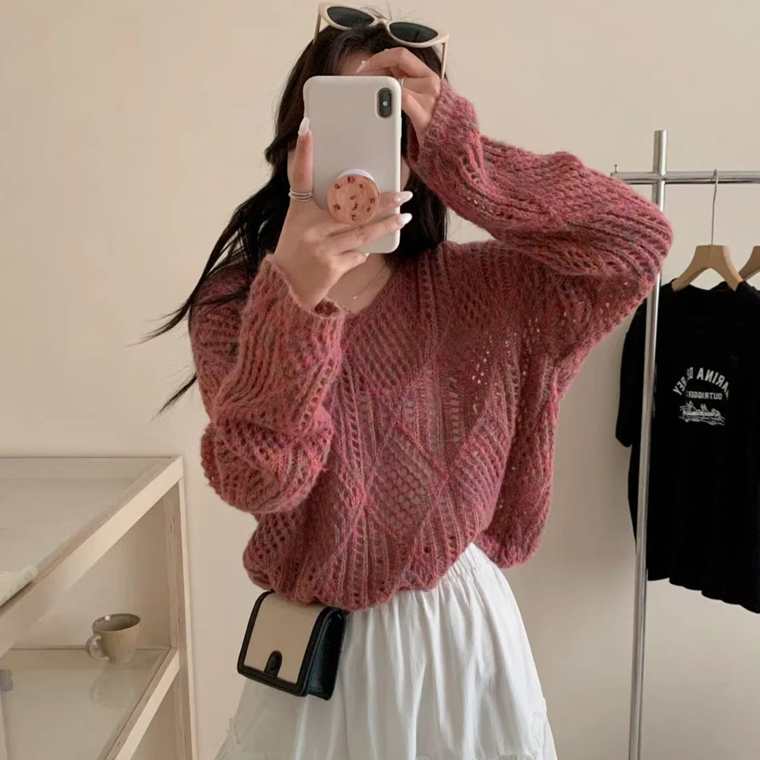 2025早秋新款韩版宽松慵懒风镂空针织衫女设计感小众毛衣外套上衣