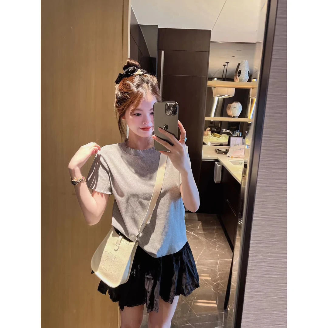 xxxwxz王希之 灰色花边短袖宽松显瘦微透正肩t恤#z676