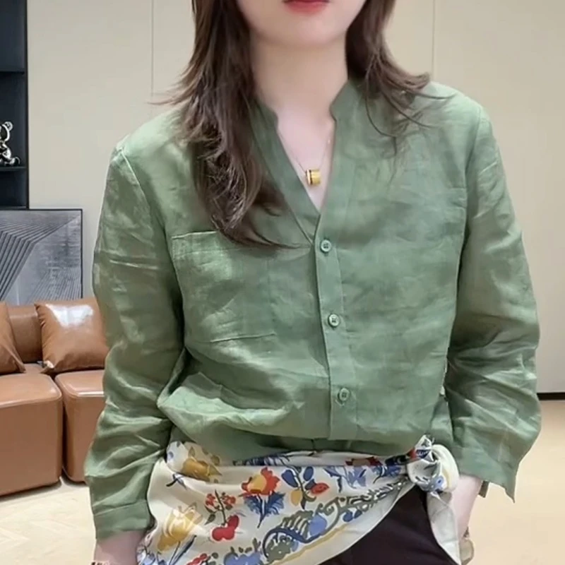 早秋新款V领单排扣老钱风百搭小衫简约韩版上衣LK2505728