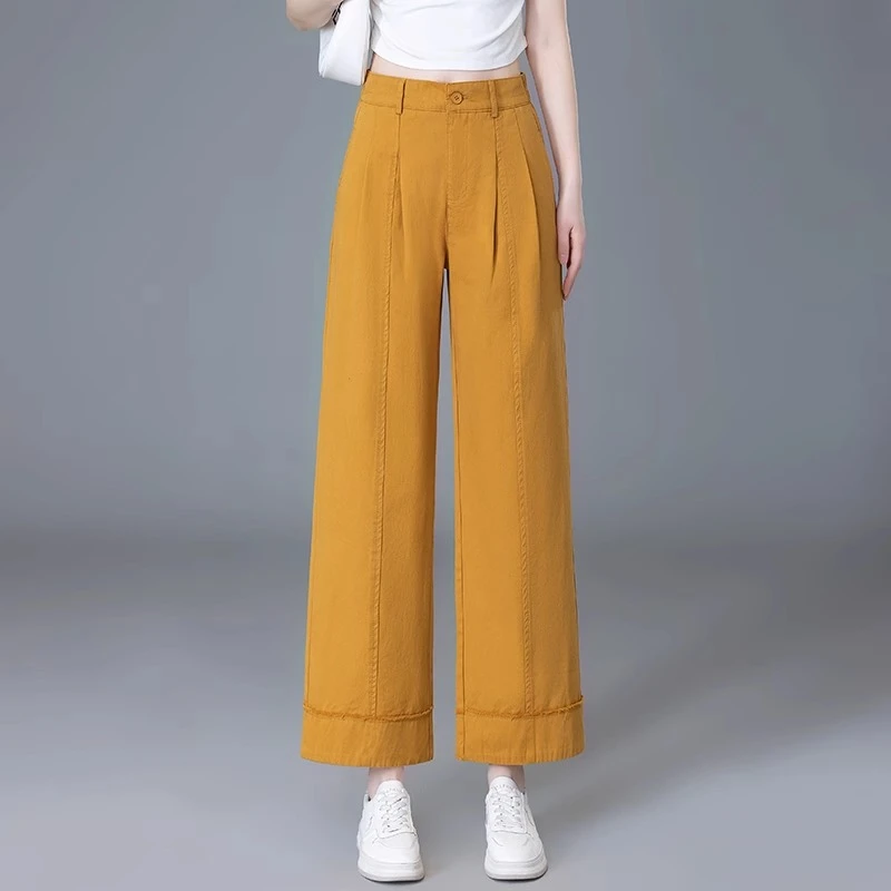 黄色纯棉阔腿裤女2025夏季新款高腰显瘦休闲裤百搭垂感直筒九分裤
