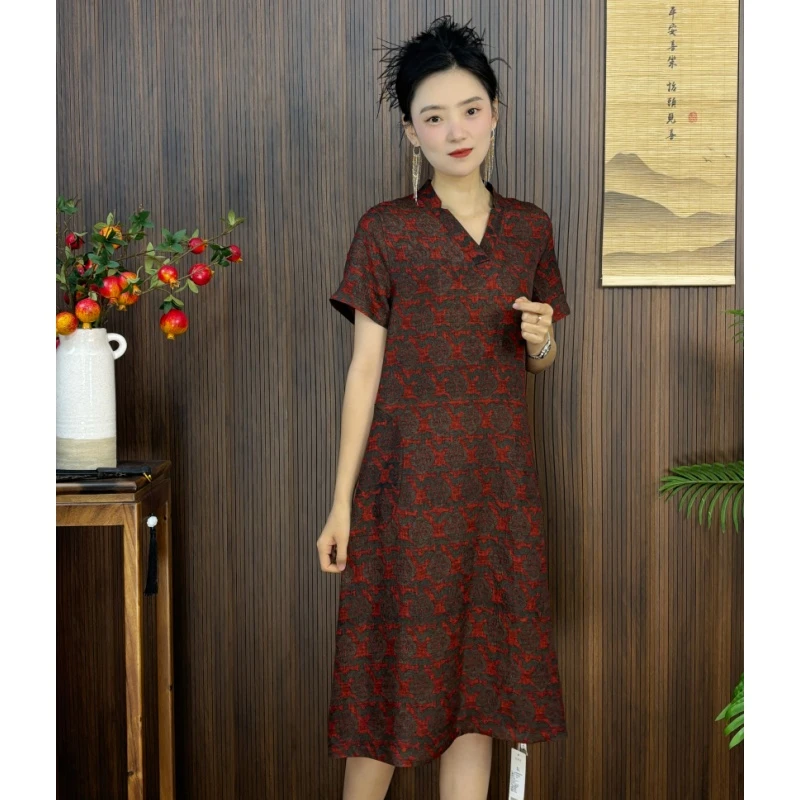 遇裳（99262）100桑蚕丝冠乐皱双面穿V领女连衣裙