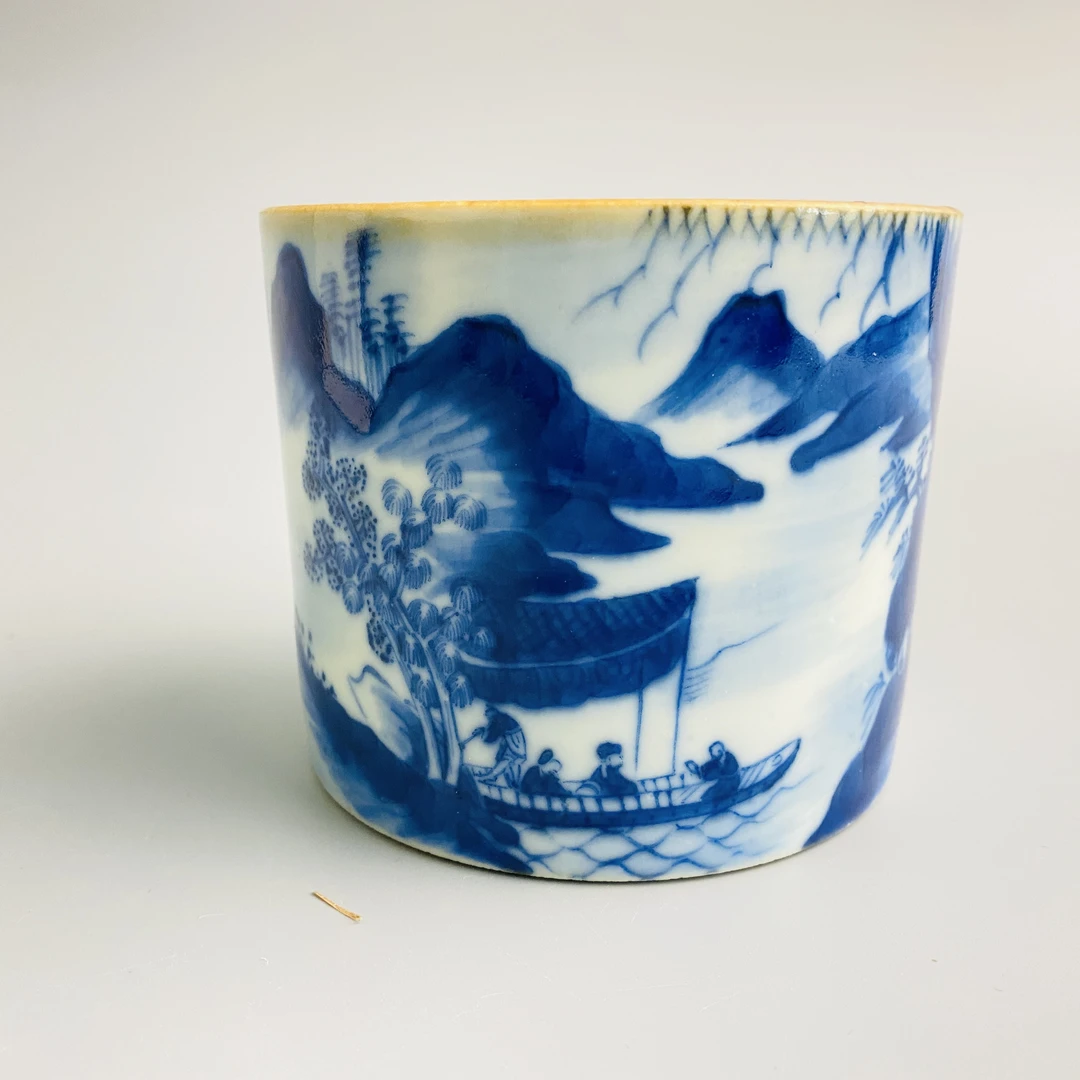 清中期青花夜游赤壁图笔筒【古董拍卖】