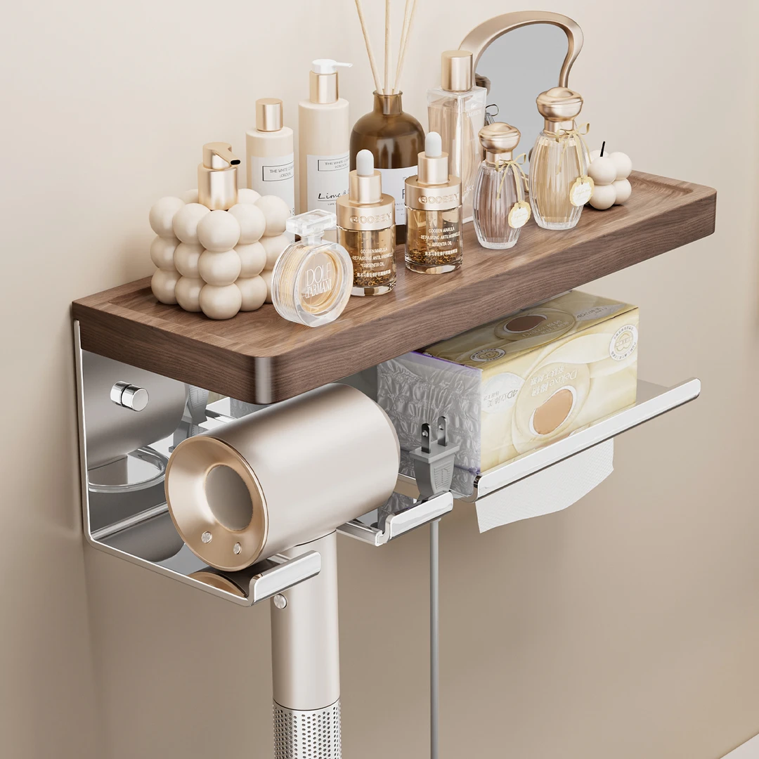 胡桃木吹风机置物架卫生间免打孔304不锈钢浴室洗手间吹风筒支架