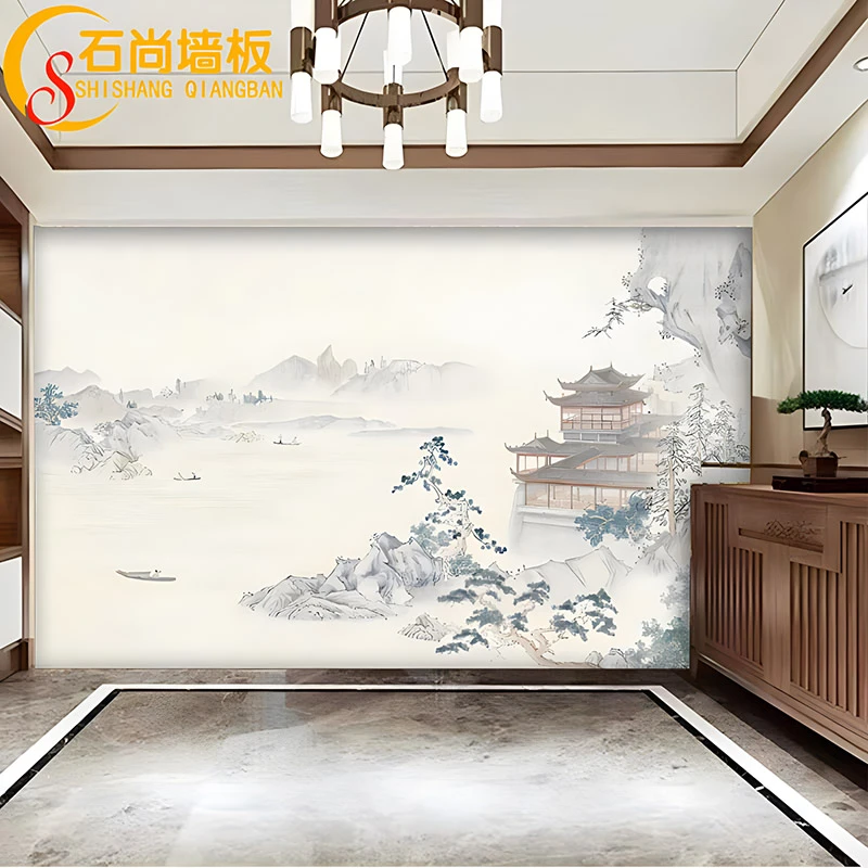 新中式古风楼阁碳晶护墙板饭店餐厅酒店集成板卧室床头背景金刚板