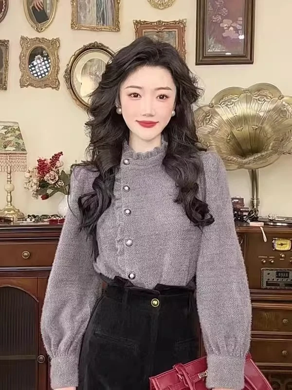 气质穿搭斜襟精致木耳边衬衫女秋冬加厚内搭长袖衬衣复古港风上衣