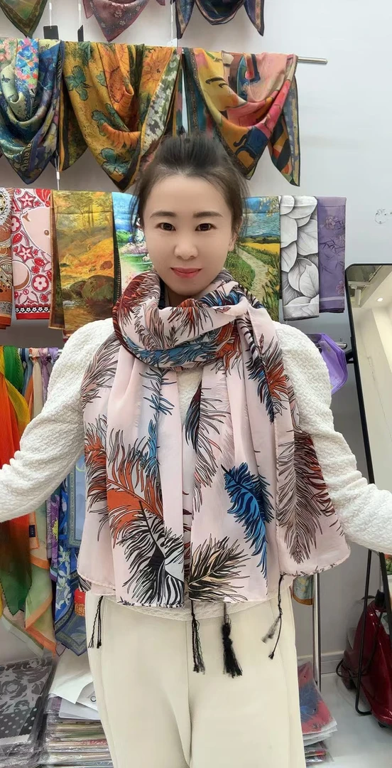 杭州丝绸丝绵民族风款羽毛款大尺寸围巾披肩