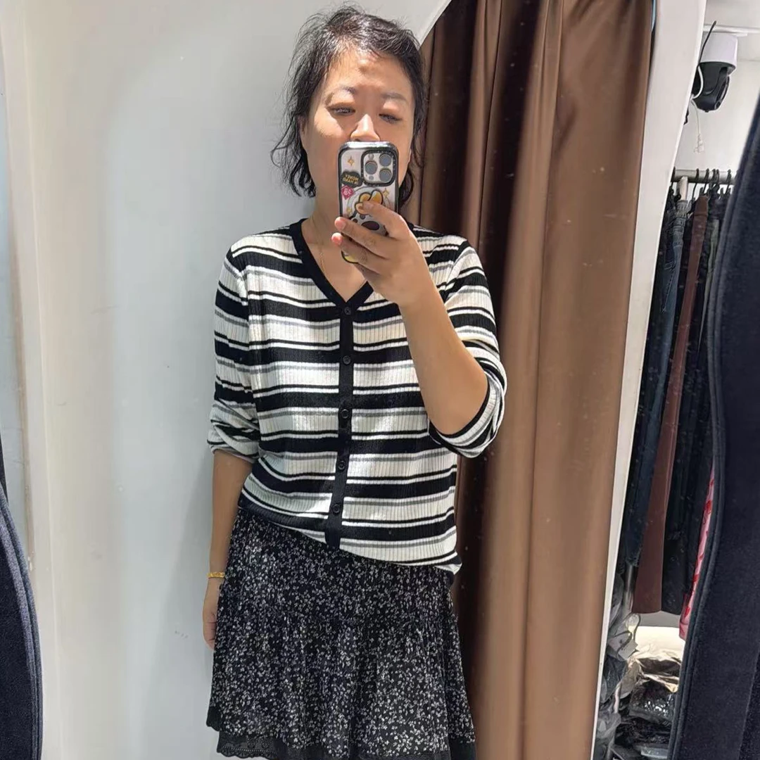 敏敏家园大码女装 LS8531 条纹纽扣针织开衫