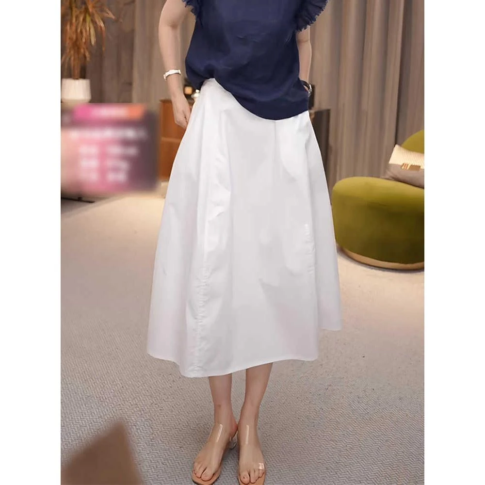 韩系休闲风白色半身裙女夏季新款高腰宽松显瘦遮胯字花苞裙