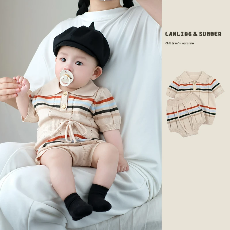 韩国童装男女童套装2025新款宝宝洋气彩条针织短袖婴儿时尚两件套
