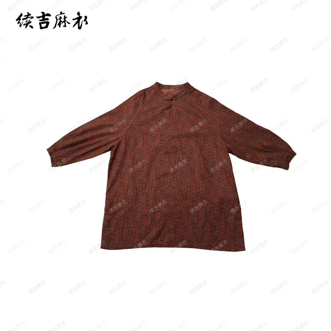 春-原创设计25-115【寻茶】亚麻立领盘扣印花炒色复古大袍子