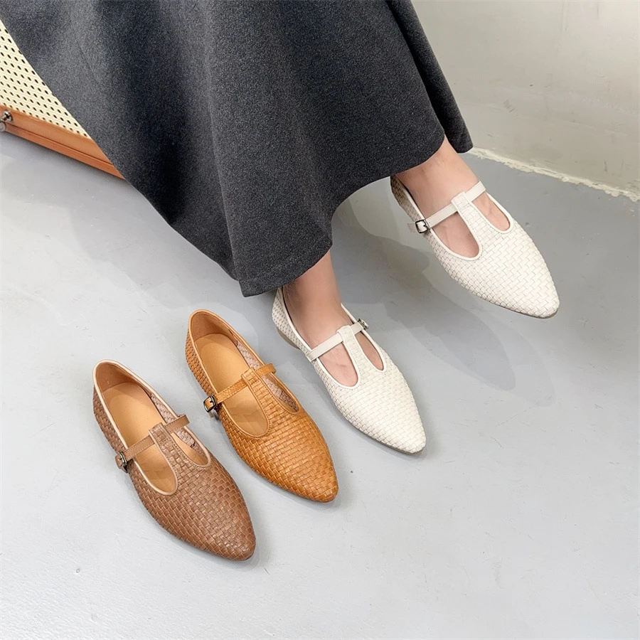 2025新款时尚休闲编织牛皮尖头一字扣浅口鞋女士单鞋真皮春季